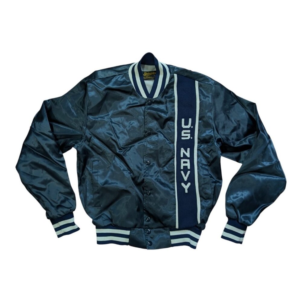 Vtg Swingster Mens Navy Satin Bomber Jacket U S Navy USA Made Size S Annapolis